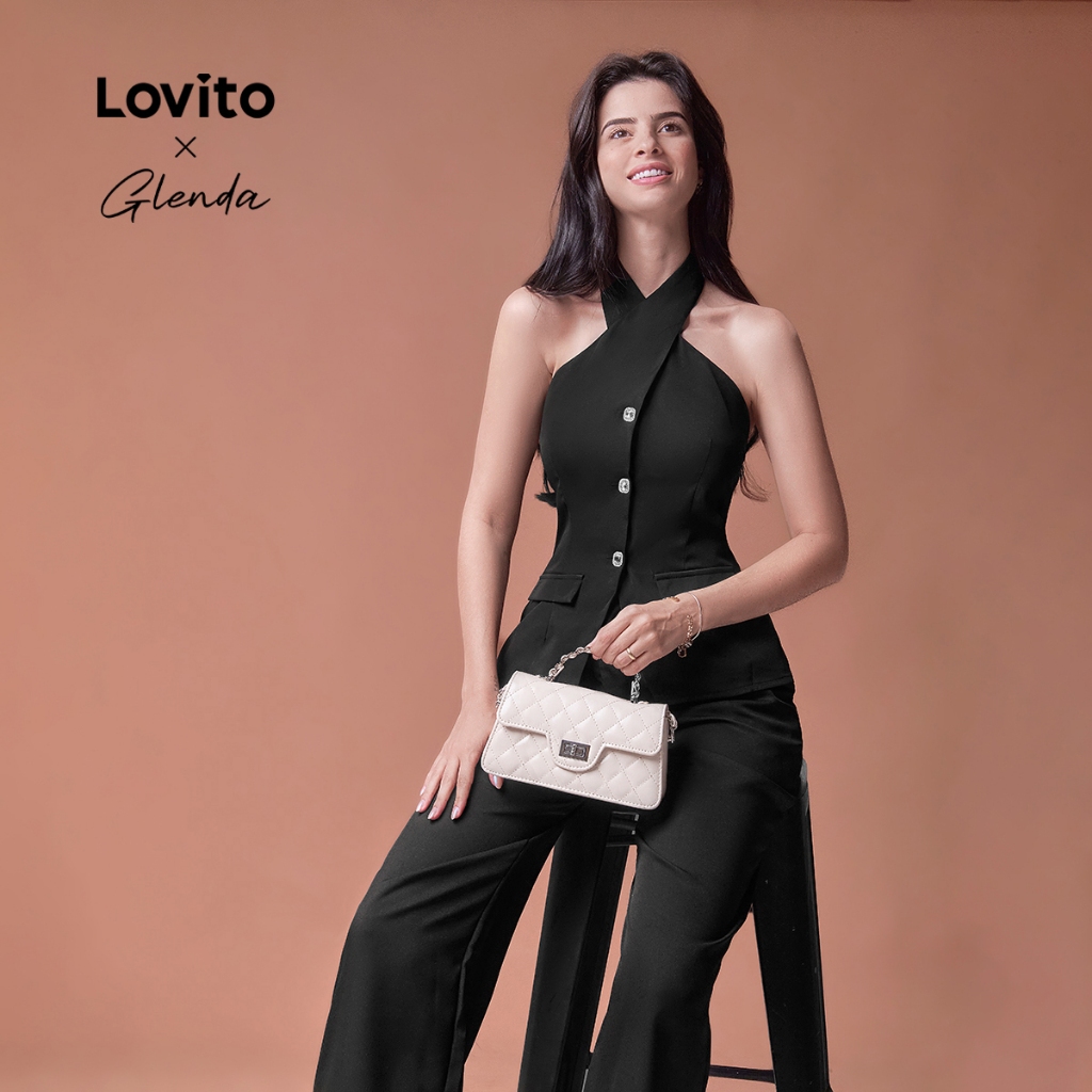 Lovito x Glenda Calça Feminina Pantalona com Amarração na Cintura LNE31118 em Oferta na Shopee
