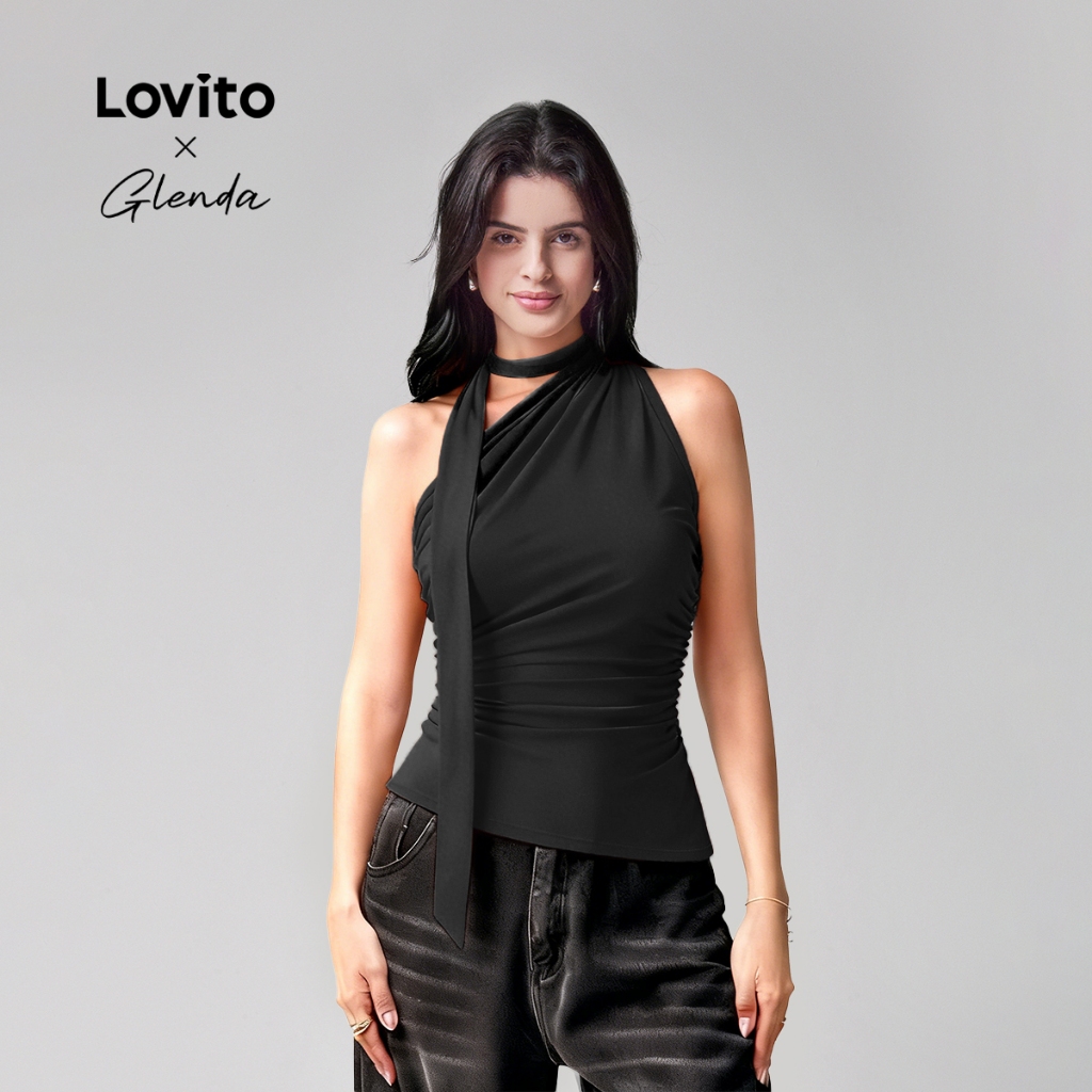 Lovito x Glenda Blusa Casual Feminina Lisa de Amarrar com Ombro de Fora LNE31196 em Oferta na Shopee