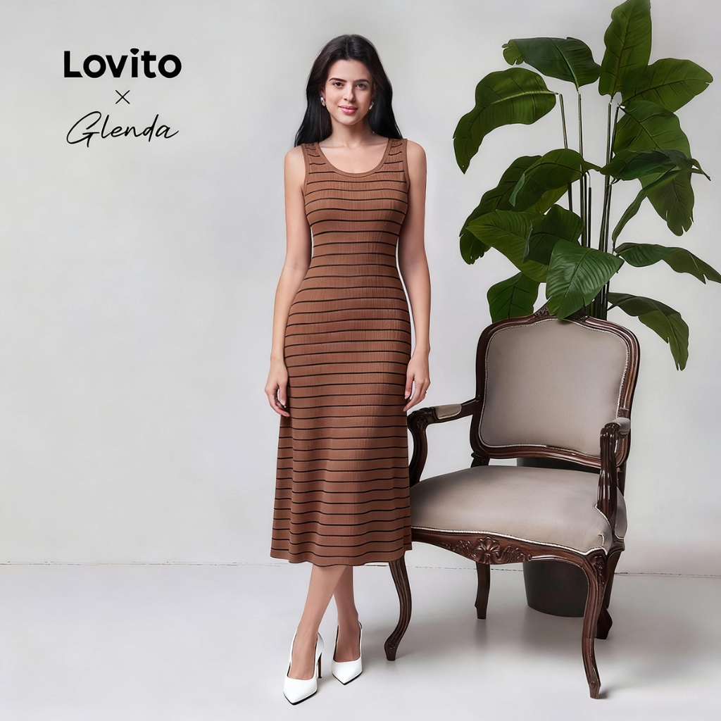 Lovito x Glenda Vestido Listrado Midi sem Manga Feminino B1BRL012