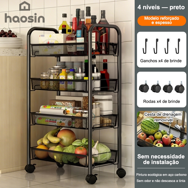 Haosin Carrinho Organizador Fruteira Multiuso Em Aço Com Rodinhas 4 Prateleiras