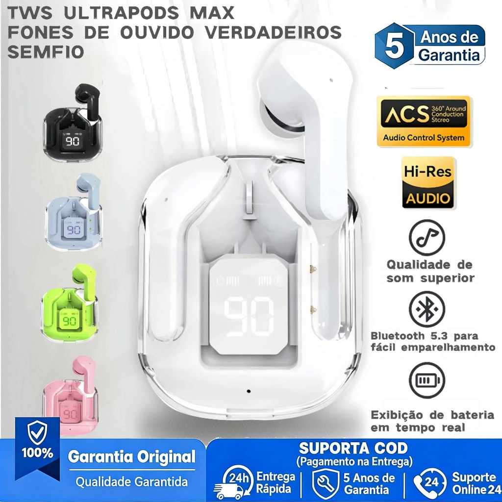 Original Fones De Ouvido Bluetooth 5.4 TWS Sem Fio 9D HiFi Estéreo Para Redução De Ruído Esportivos Gaming Bluetooth Pro