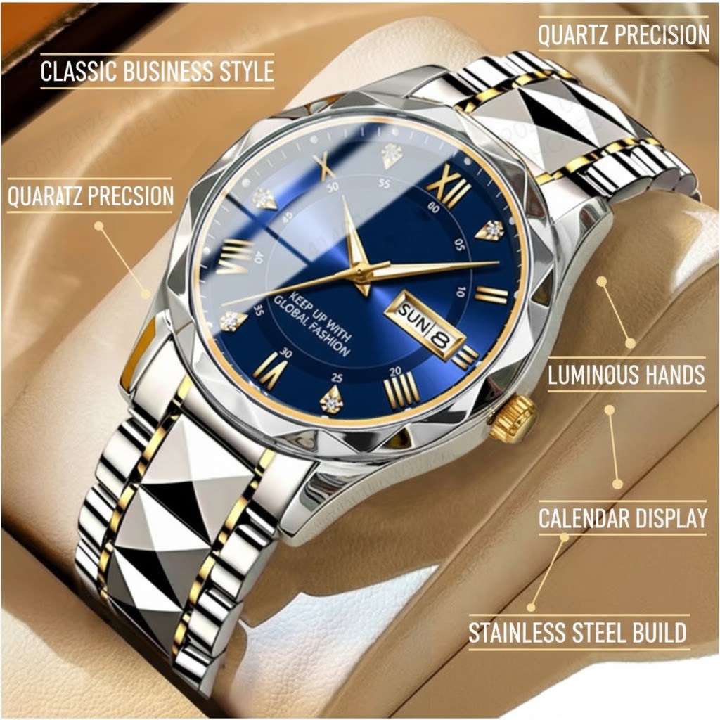 Relógio De Quartzo De Luxo Para Homens Luminoso À Prova D’água Pulseira De Aço Inoxidável Presente De Aniversário
