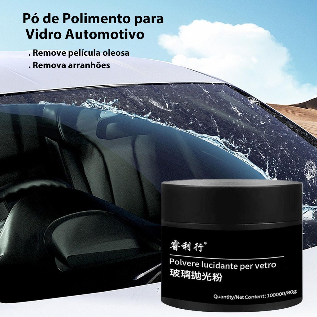 Pó de Polimento para Vidro Automotivo Limpeza Remove Riscos e Película Oleosa Para-Brisa e Janelas, Aumente a Visibilida