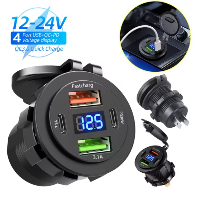 Tomada De Carregador De Carro Duplo Tipo-C E USB 4 Portas Carregamento Rápido À Prova Dwaterproof Água Com Voltímetro 12