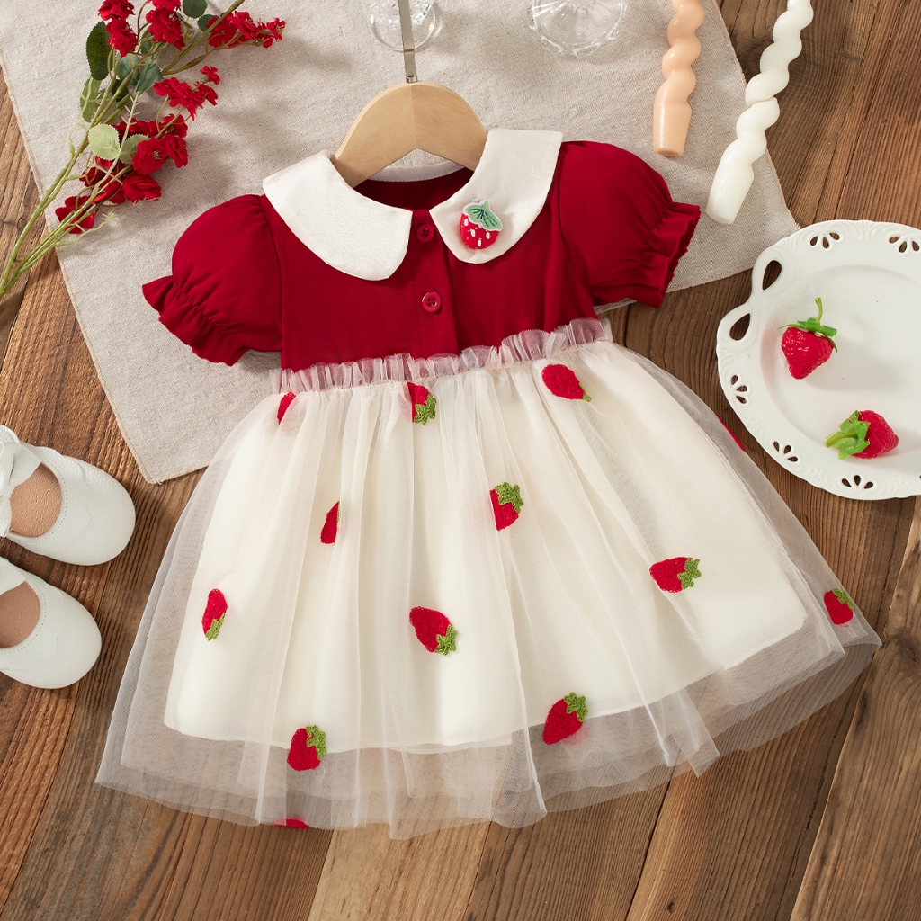 Vestido De Princesa Para Bebês Meninas Verão Novo Doce Morango Chiffon Roupas Infantis Aniversários (9 Meses A 3 Anos)