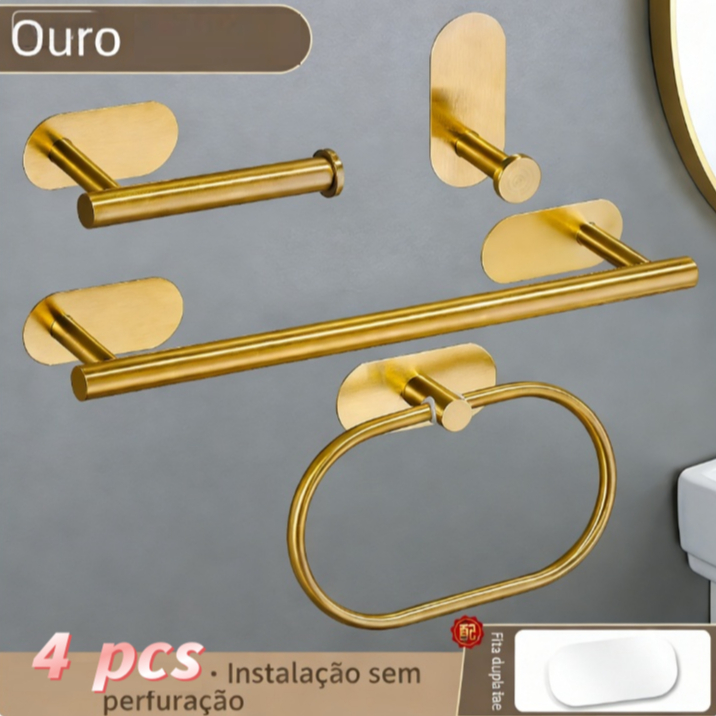 Kit Acessórios Banheiro Cabide Toalheiros Papeleira 4 Peças Dourado