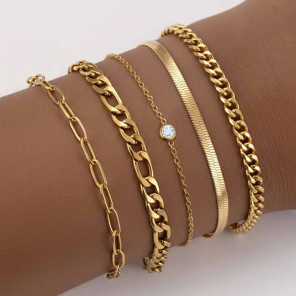 Novo Aço Inoxidável Plana Cobra Corrente Paperclip Link Zircônia Pingente Pulseira 5 Peças Conjunto Moda Jóias De Pulso 