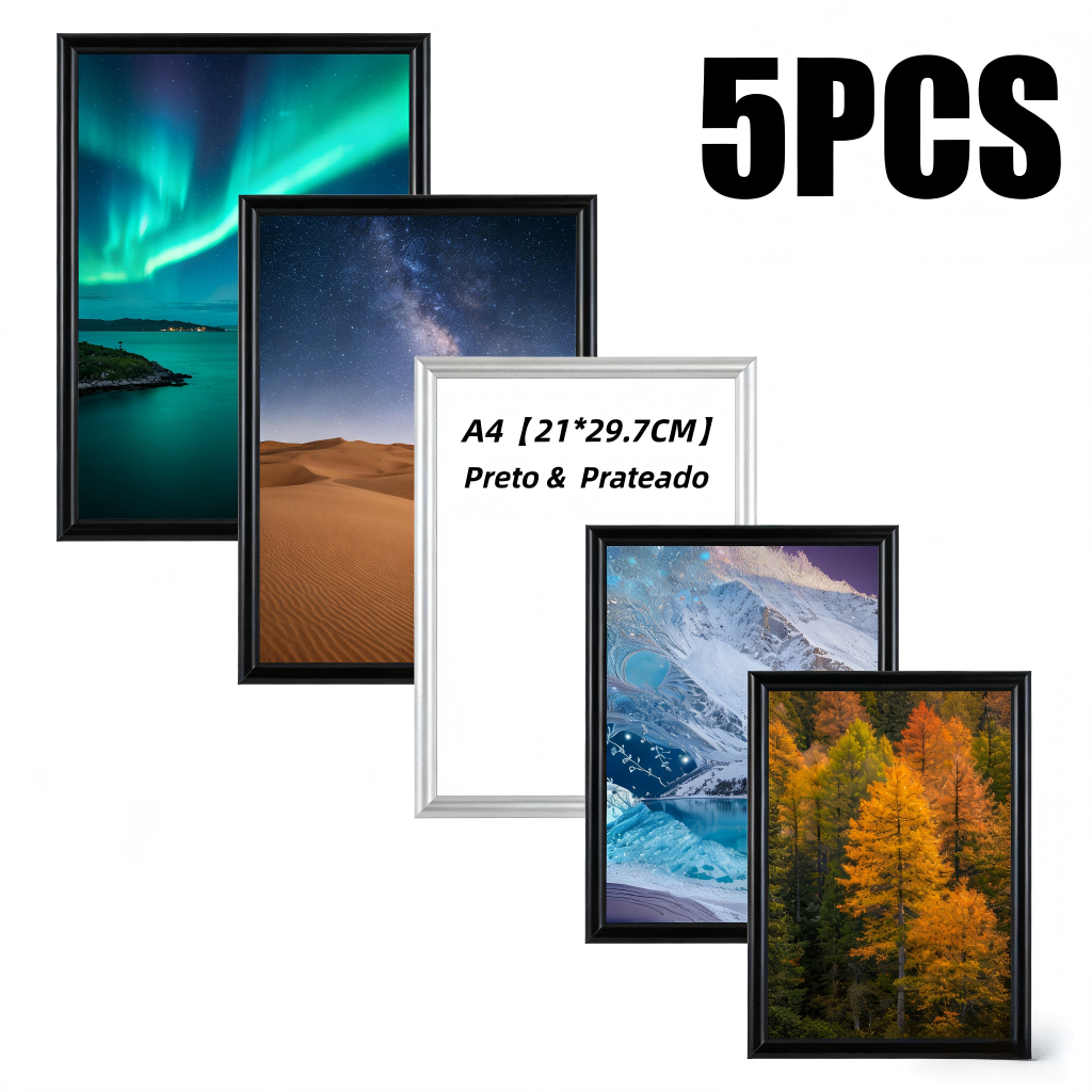 Kit 5 Peças Molduras Magnéticas A4 21X30Cm Preto Prata Com Acetato E Fundo Para Parede Metal E Certificados em Oferta na Shopee