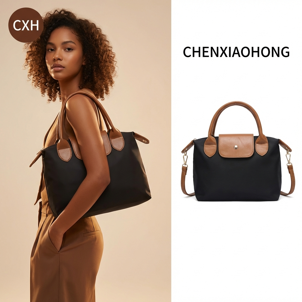 Bolsa de mão de grande capacidade casual e moderna com design em blocos de nylon para usar nas mãos ou nos ombros.