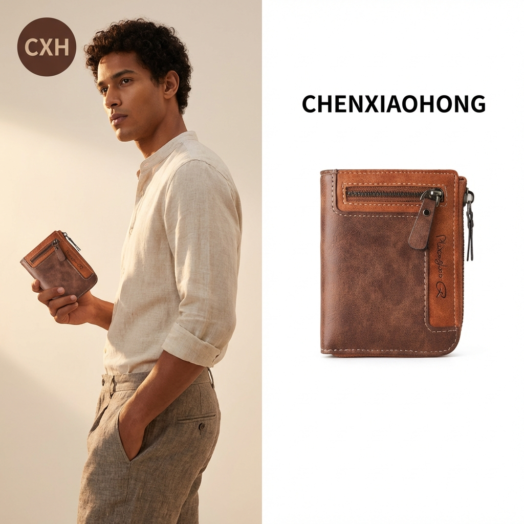 Carteira de Identificação Masculina Carteira de Couro de Alta Qualidade com Zíper Carteira de Couro Casual