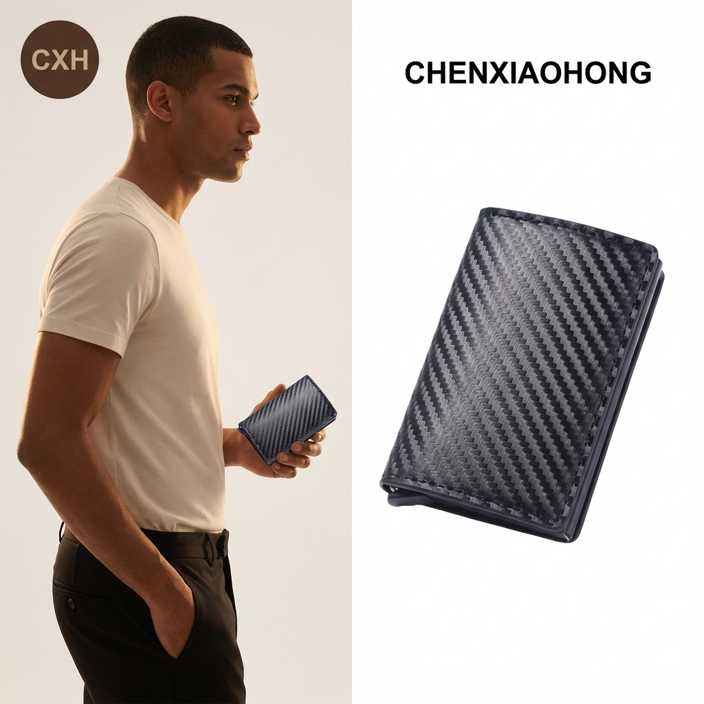Porta-cartões Ultra-fino de Fibra de Carbono e Liga de Alumínio Carteira Masculina com Slot Automático para Cartões