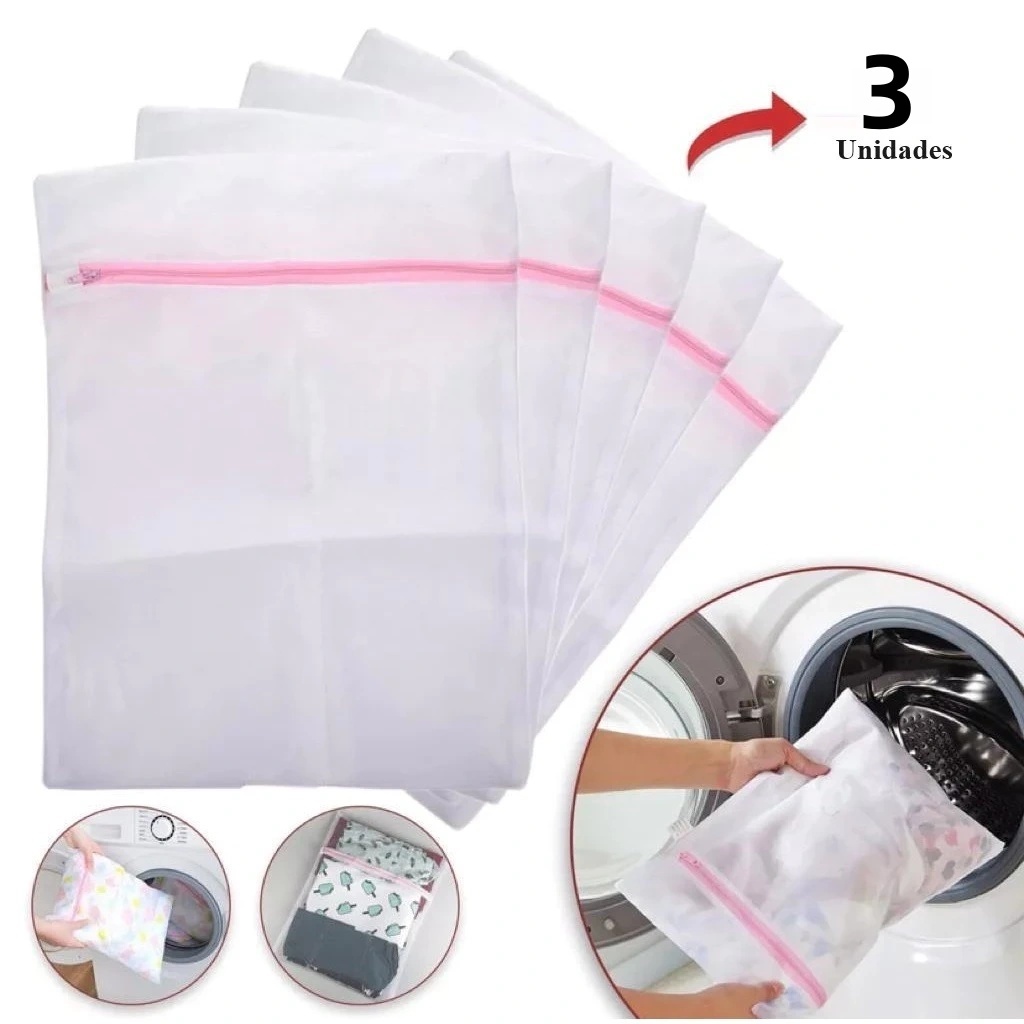 Kit 3 Sacos Protetores para Lavar Roupas Rede Lavanderia 35x45cm Cuida Lingerie e Evita Bolinhas