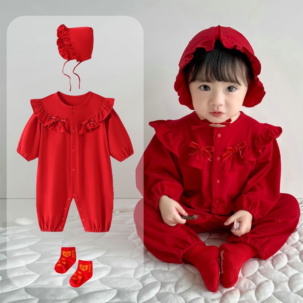 Conjunto De Macacão Para Bebê Recém-Nascido , Vestido De Algodão Puro De Um Ano , Cor Vermelha Com Chapéu Vermelho E Mei