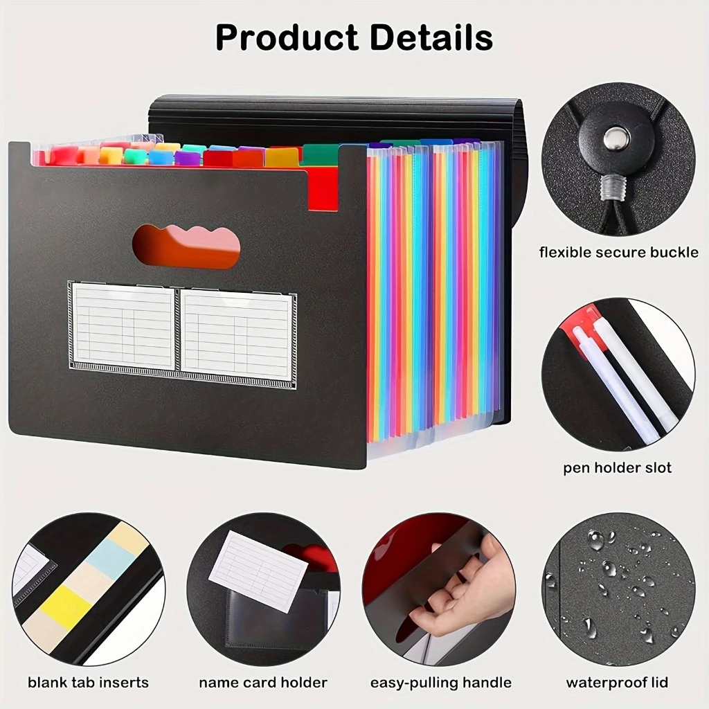 Pasta De Arquivo Expansível Dobrável Preta 25 Bolsos Com Abas Coloridas Para A4 E Le em Oferta na Shopee