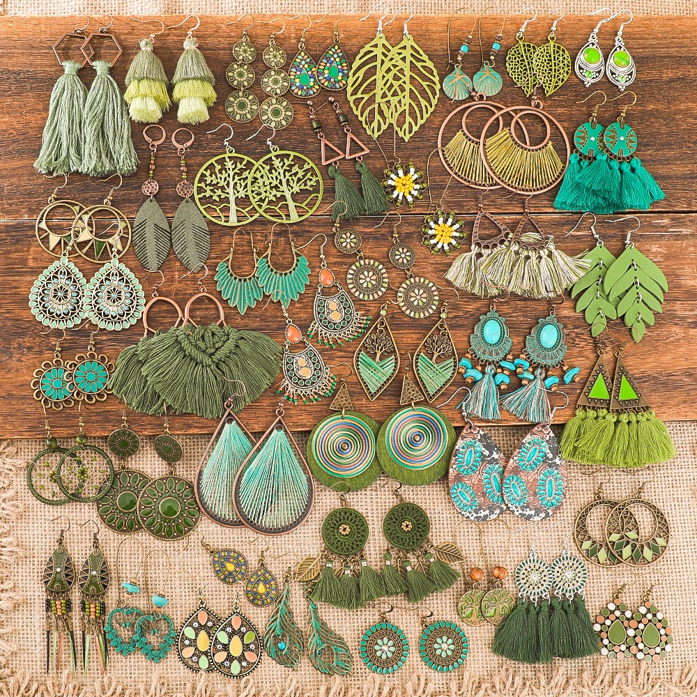 Boêmio Verde Borla Brinco Moda Feminina Geométrica Flor Folhas Artesanal Frisado Brincos Verão Férias Jóias Presente