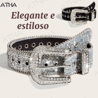 Cinto de Couro de Couro de Rhinestone All-match Fashion Rhinestone Decoração de Lantejoulas Estilo ins Style Feminino em Oferta na Shopee