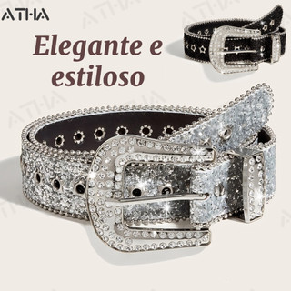 2026 NOVA Cinto Moda Country Com Pedrarias Prata Fivela Metal Couro Sintético Elegante Simples Cowgirl Temperamento