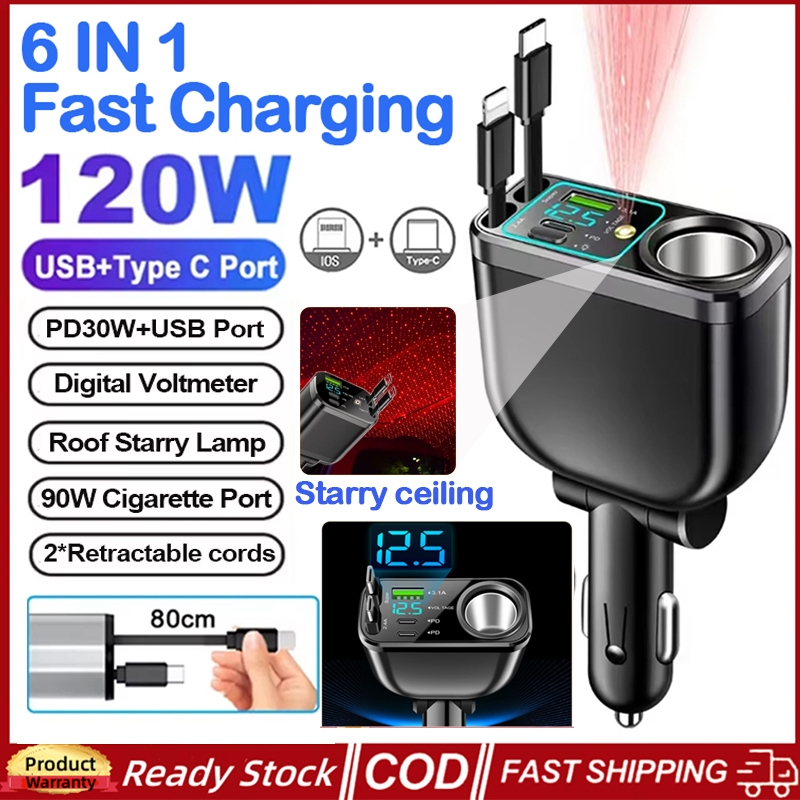 M15 120W 5 Em 1 Carregador De Carro Retrátil Com Luz Noturna Estrelada Cabo USB C De Carga Rápida Adaptador De Isqueiro 