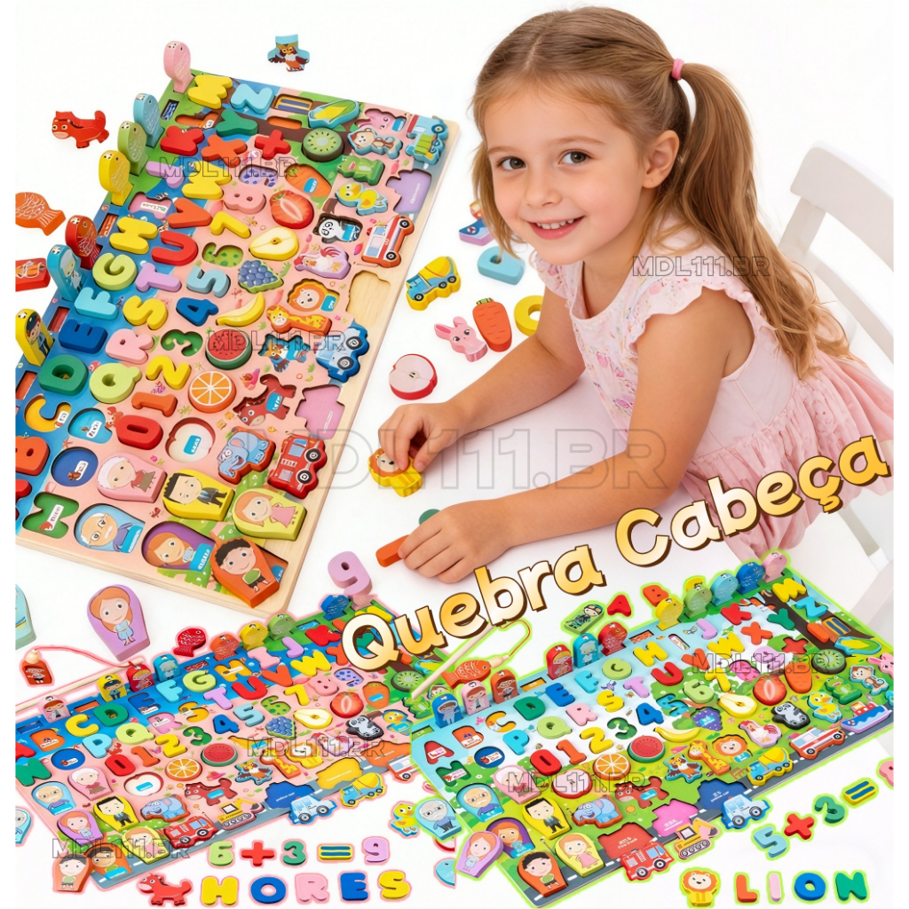 Jogo Quebra Cabeça Educativo Infantil com números Montessori Madeira Brinquedo de pesca magnético Placa