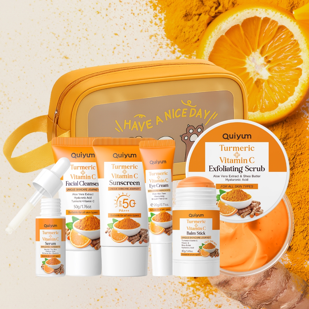 Kit De Cuidados Com A Pele Vitamina C De Cúrcuma 7 Em 1 QUIYUM-Limpador , Soro , Hidratante , Fps , Creme Para Os Olhos