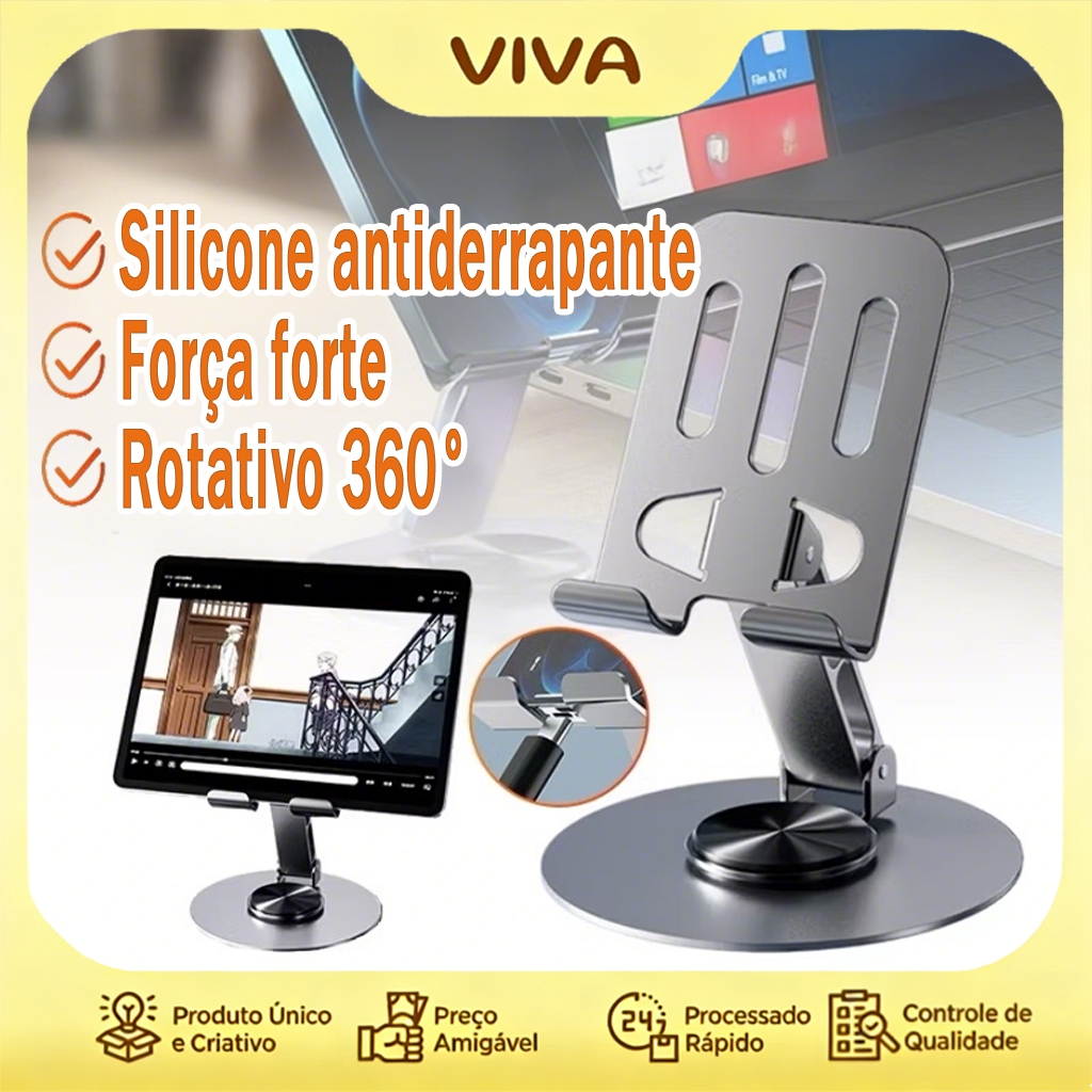 Suporte Espaço Alumínio de Mesa Dobrável Portátil Base Rotatória Ajustável 360º Para Smartphones e Tablets