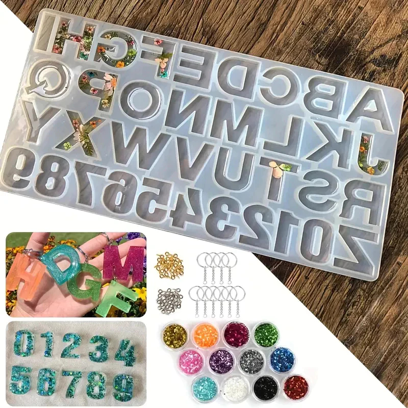 26/308 Pçs Alfabeto Moldes De Silicone Epóxi Resina Letras Número Kit Molde Forma de para Chaveiro DIY Reversa Para Faz — imagem 2 de 2