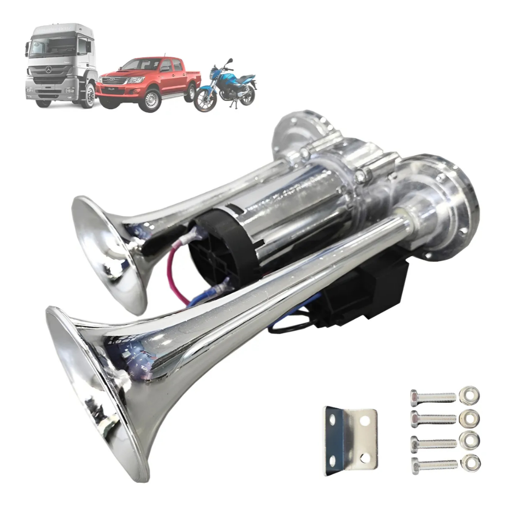 Buzina 2 Cornetas Caminhão Trem 12v C/ Compressor E Rele