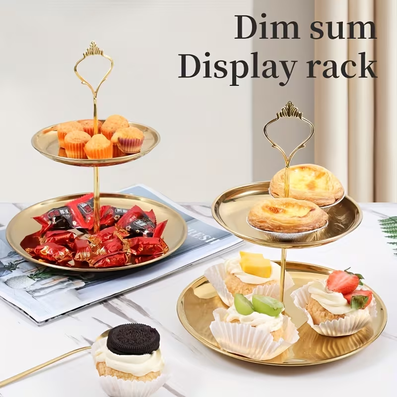 Bandeja de bolo de Metal dourado de luxo duplo Bandeja de Cupcake dourada de luxo de 2 camadas