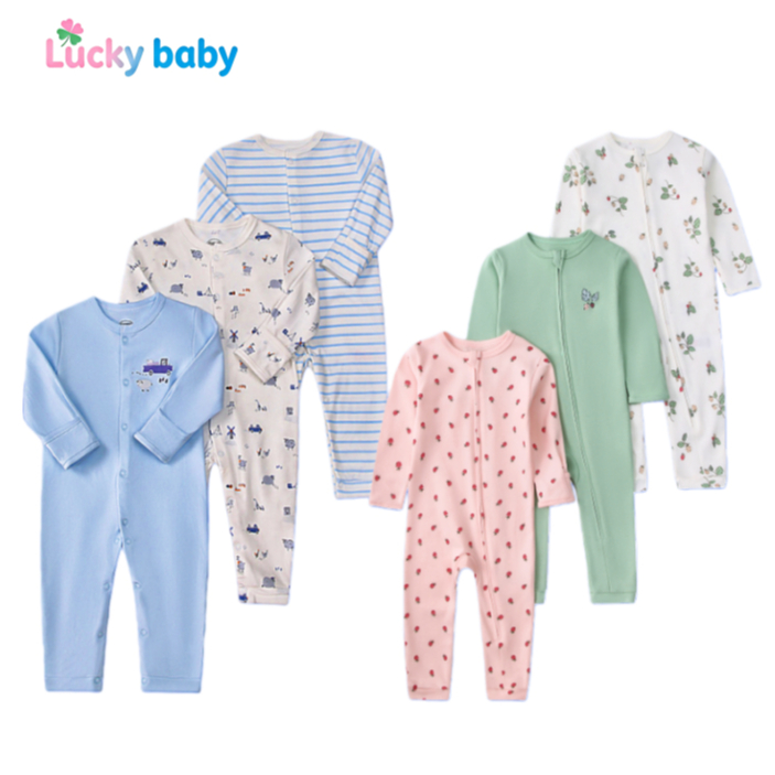 Lucky Baby Kit 3 Macacões Bebê Primavera/Outono Unissex Manga Longa Sem Pé 100% Algodão 6–24 Meses Essencial Uso Diário