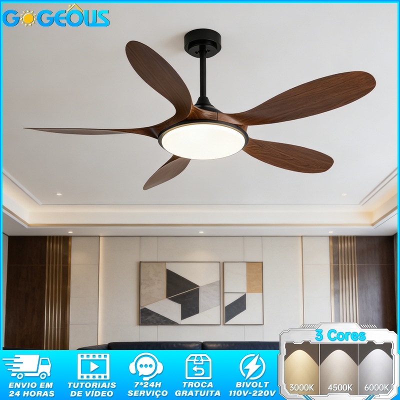 Ventilador de Teto Bivolt Motor CC Silenciado com Lâmpada LED e Controle Remoto Design Moderno Sala