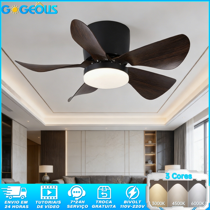 Ventilador de Teto Controle Remoto Motor CC Silencioso Bivolt com Luz LED para Quarto e Sala