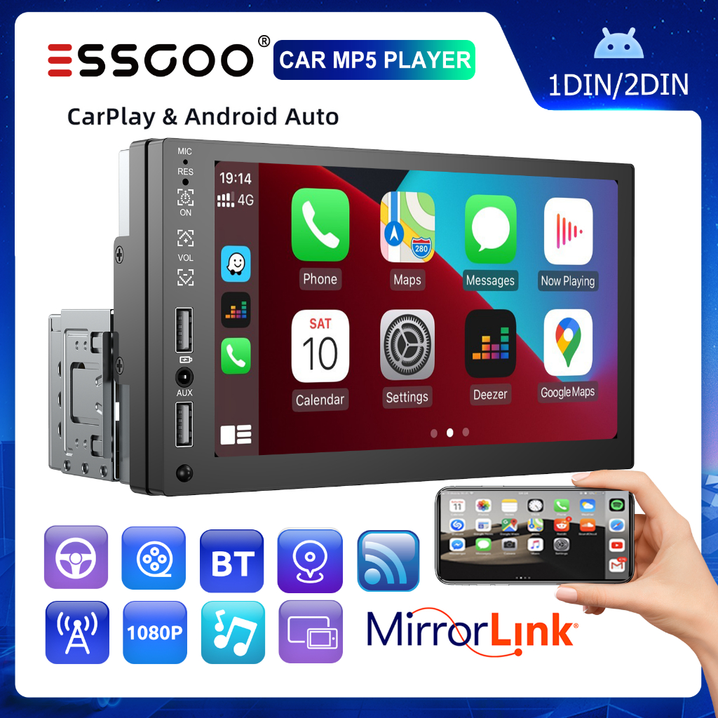 ESSGOO 1 Din Bluetooth Rádio Para Carro 7 Polegadas Mirror Link carplay Multimidia MP5 Reprodutor De Vídeo em Oferta na Shopee