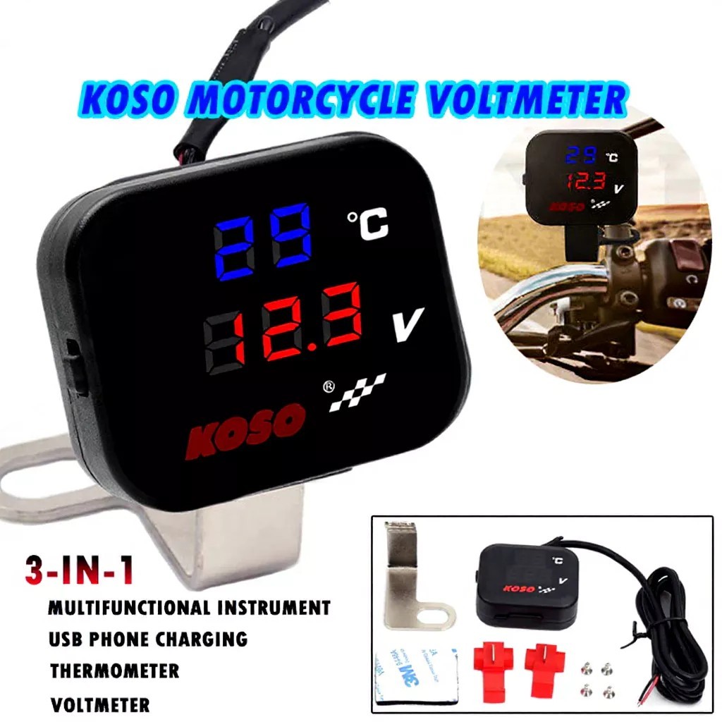 KOSO 3 Em 1 Medidor Digital Para Motocicleta Voltímetro + Termômetro + Carregador USB 3A Carregamento Rápido LED À Prova