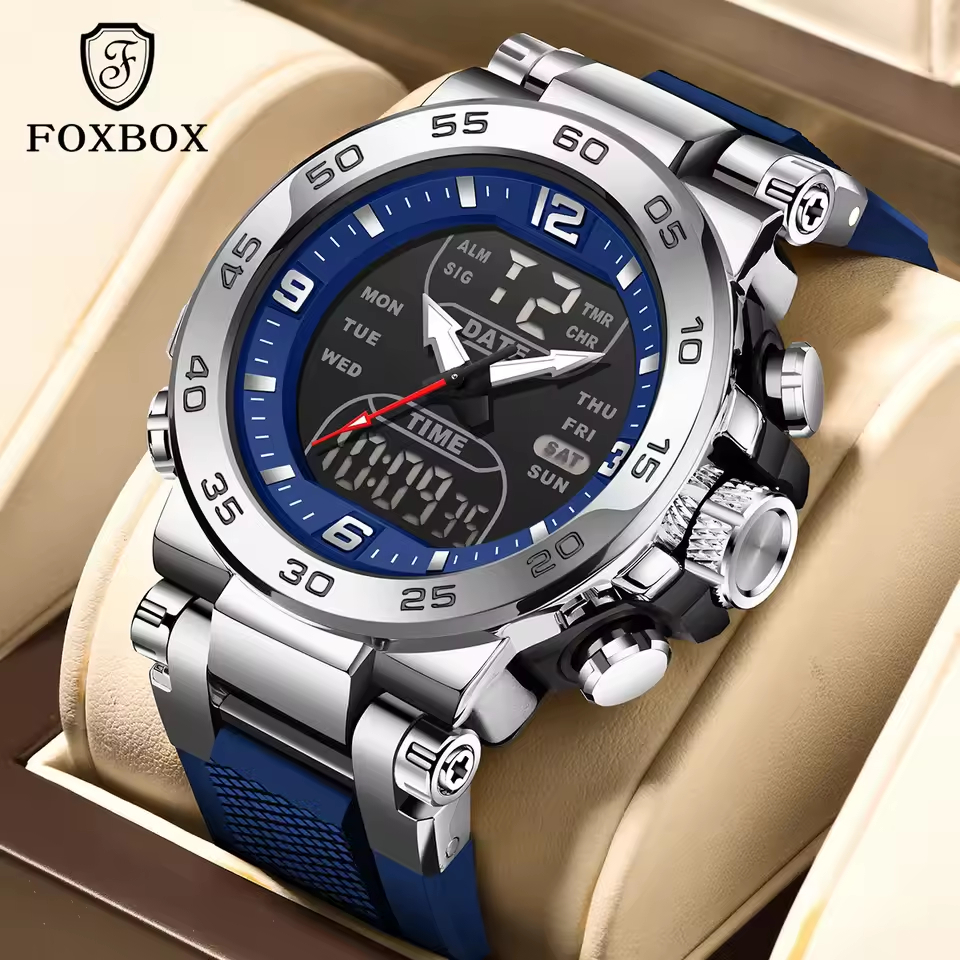 FOXBOX Relógio Digital Moda Dual Display Silicone À Prova D'água Data Esportes LED Relógios Masculinos + Caixa