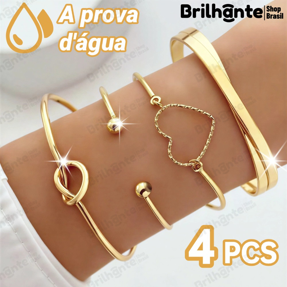 Conjunto 4 Pulseiras Ouro e Prata: Acessório Feminino Vintage, Joias Retro para Mulher - Moda Charmosa Kit 4