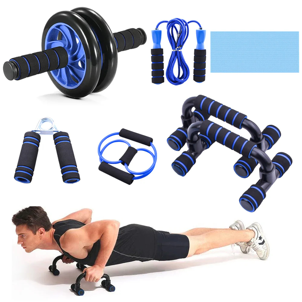 Kit Fitness 6 em 1 Roda Abdominal Flexão Corda Elástico Hand Grip Tapete Treino em Casa