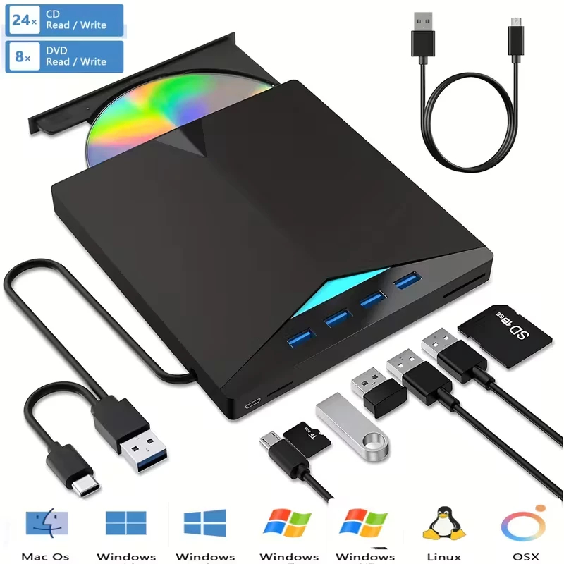 7 em 1 USB3.0 Tipo-C Unidade Móvel Externa CD DVD Gravador Plug-and-Play de Alta Velocidade para PC Laptop Notebook em Oferta na Shopee