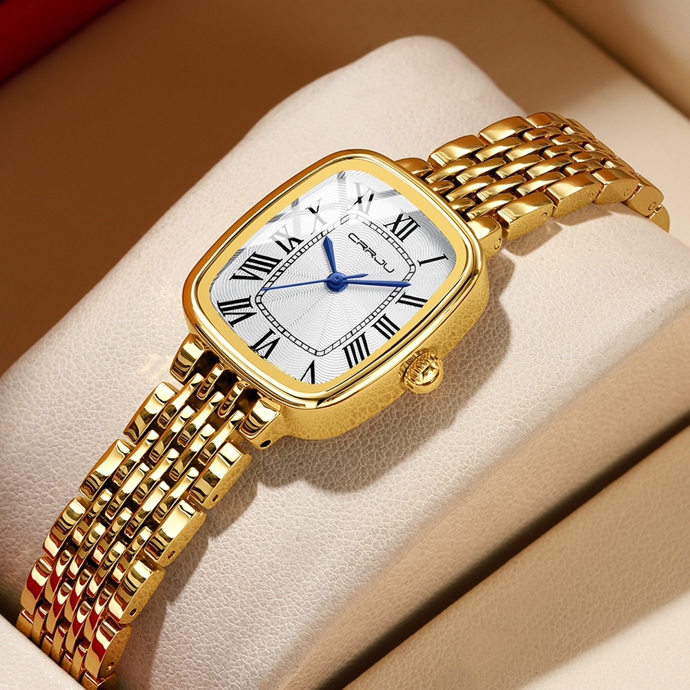 Novo Relógio Feminino CRRJU Elegante Refinado Pulseira De Aço Inoxidável Cores Luxuoso Design Quadrado Mostrador Exclusi