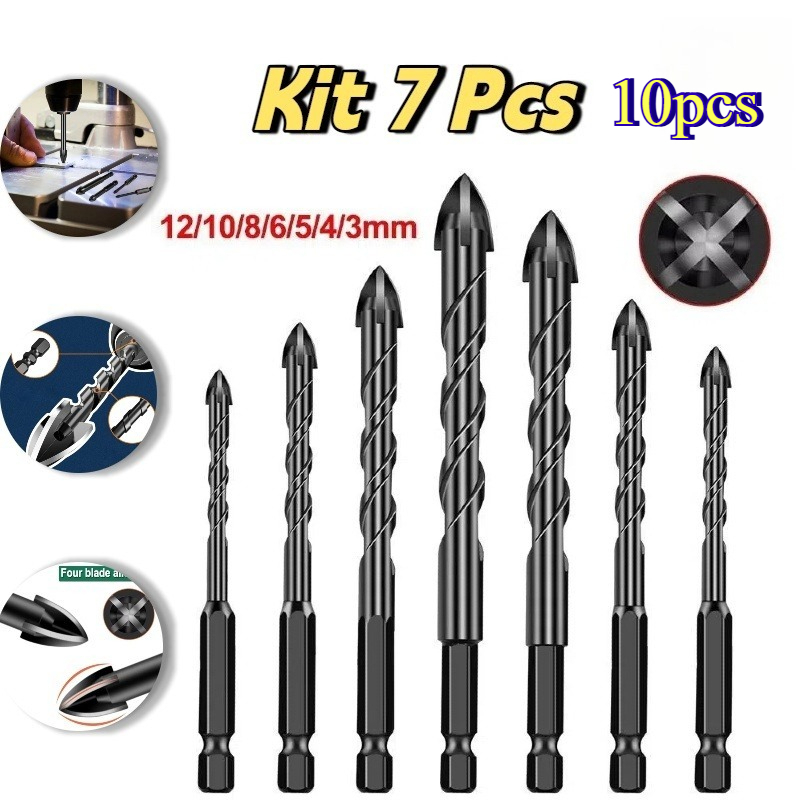 Kit 10/7 Peças Brocas Hexagonais Cruzadas Triangular Carboneto Titânio 3-12mm Para Porcelanato Concreto Vidro Fura Tudo em Oferta na Shopee