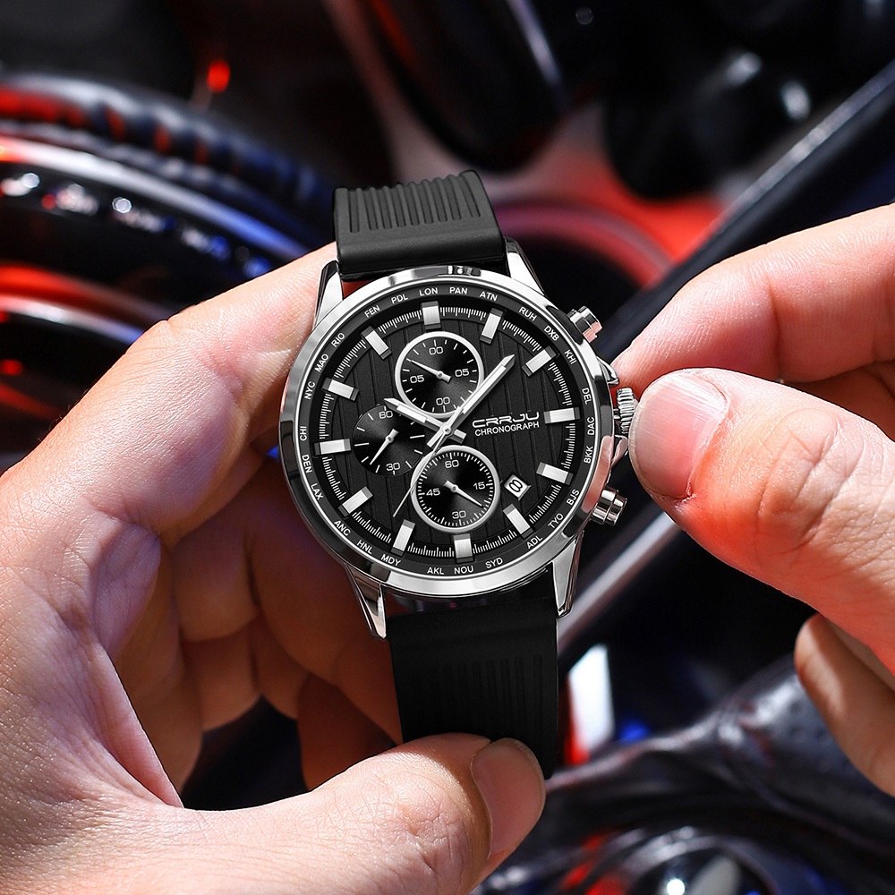 Relógio Masculino CRRJU-Cronógrafo De Moda De Marca Autêntica Com Mãos Luminosas E Pulseira De Silicone Exibição De Data · foto 2