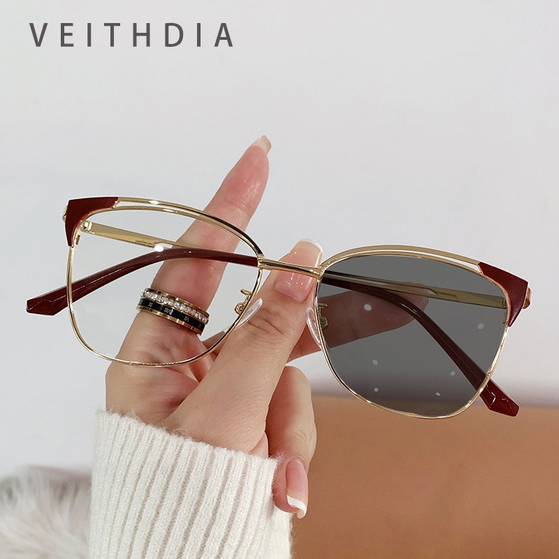 VEITHDIA Novos Óculos De Olho De Gato Feminino Na Moda Metal Oco Quadro Elegante Fotocromático Anti-Azul Luz WF9062 em Oferta na Shopee