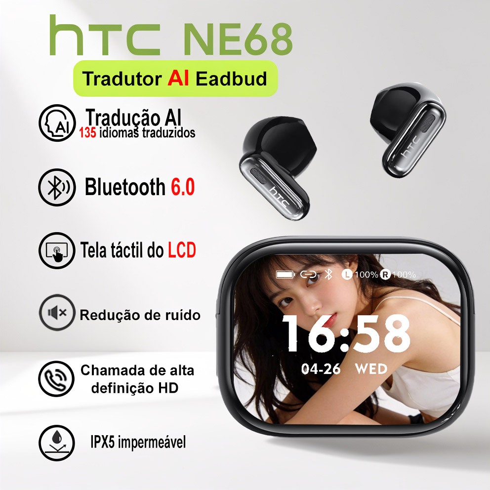 Fone De Ouvido HTC NE68 AI 135 Idiomas Em Tempo Real Tradução Fone Bluetooth 6.0 TWS Sem Fio Tela De Controle De Toque em Oferta na Shopee