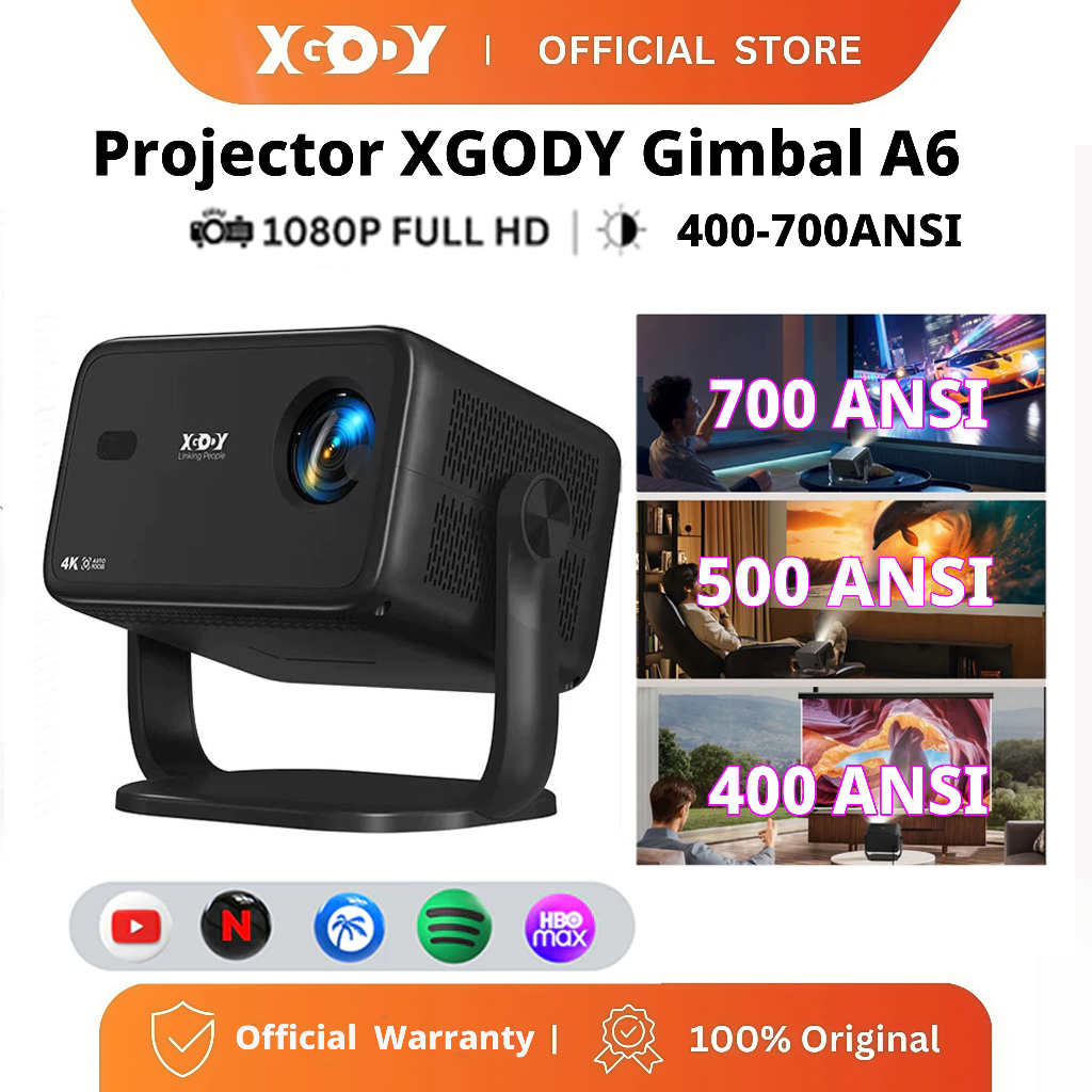 XGODY Gimbal A6 Projetor 4K 700 ANSI Foco Automático Android 11.0
