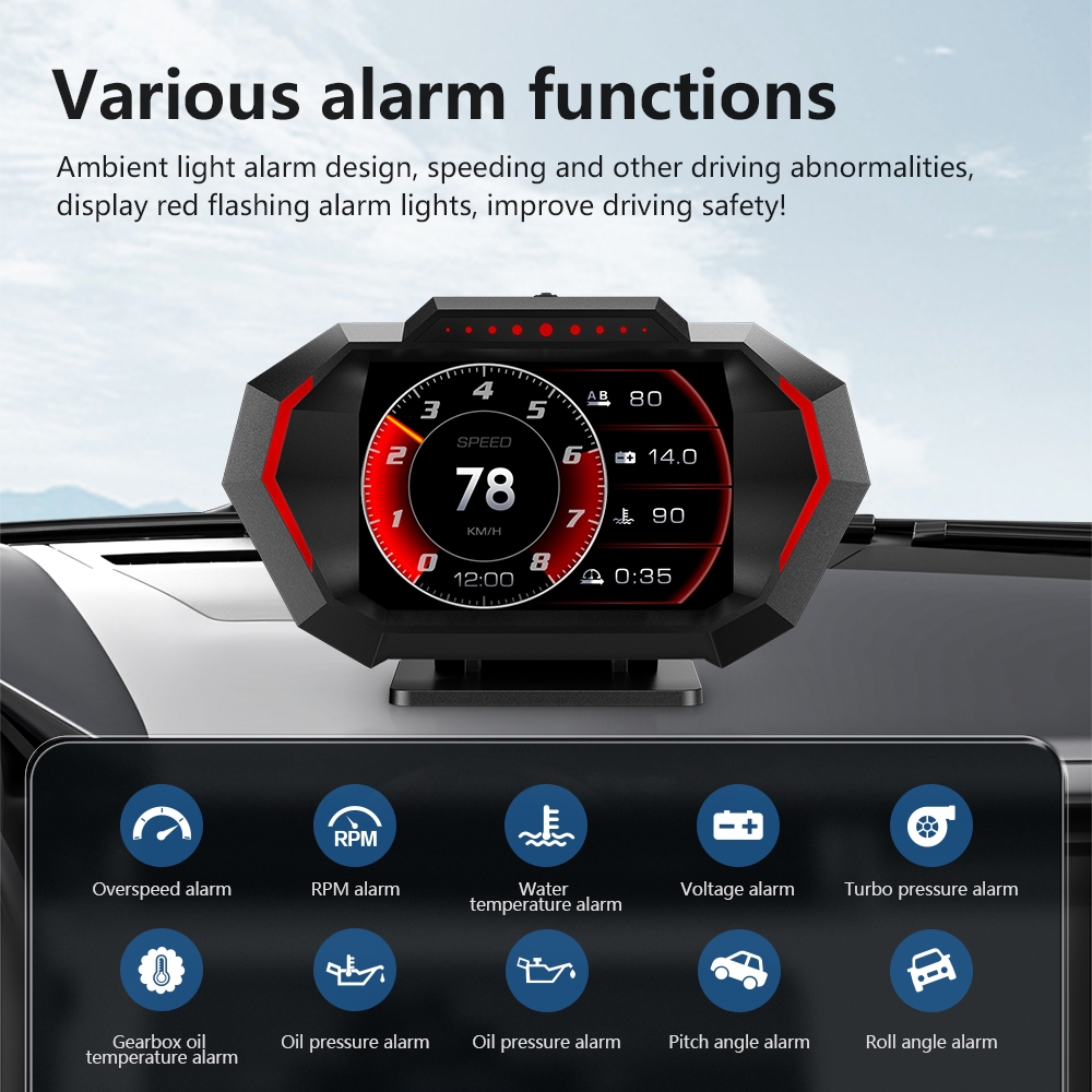 P24 Universal OBD2 Multifuncional Full LCD Display Inclinômetro Acelerômetro RGB Luz Ambiente