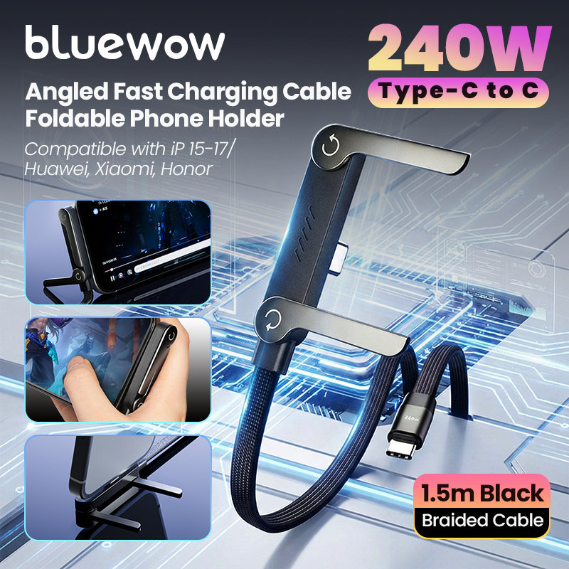 Cabo de dados tipo C de 240 W com suporte de canto 1.5 m|90°Design de cotovelo, suporte para carregamento rápido, dobráv