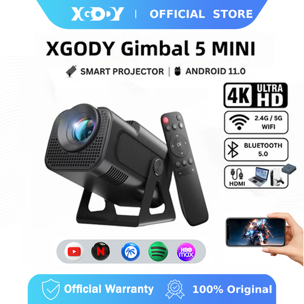 XGODY Gimbal 5 Mini Projetor Portátil 1080P 4K HD Android 11 Smart TV Wifi Bluetooth Home Theater Ao Ar Livre