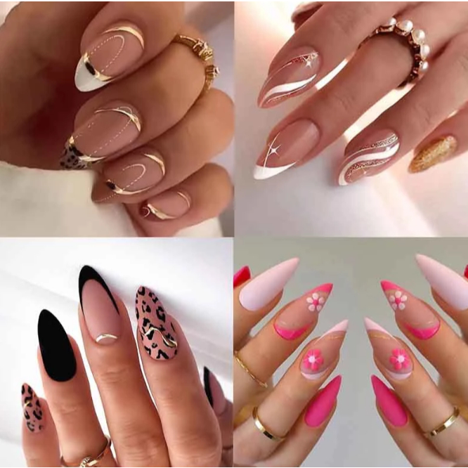 unha postiça decorada realista amendoada media com cola pregos falsos de pontiagudas francesinha em Oferta na Shopee