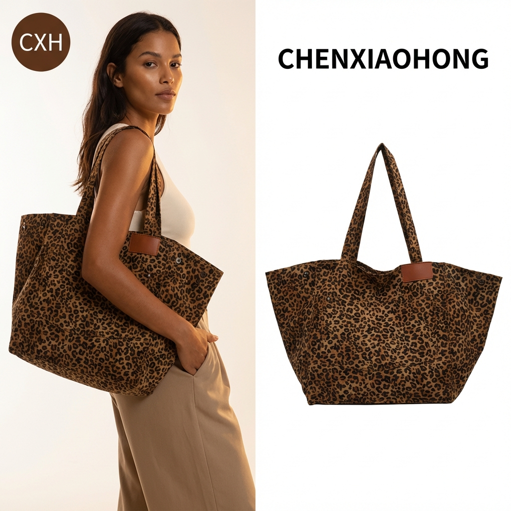 CHENXIAOHONG  Relaxed style canvas shoulder bag, large capacity, leopard print, fashionable and versatile tote bag