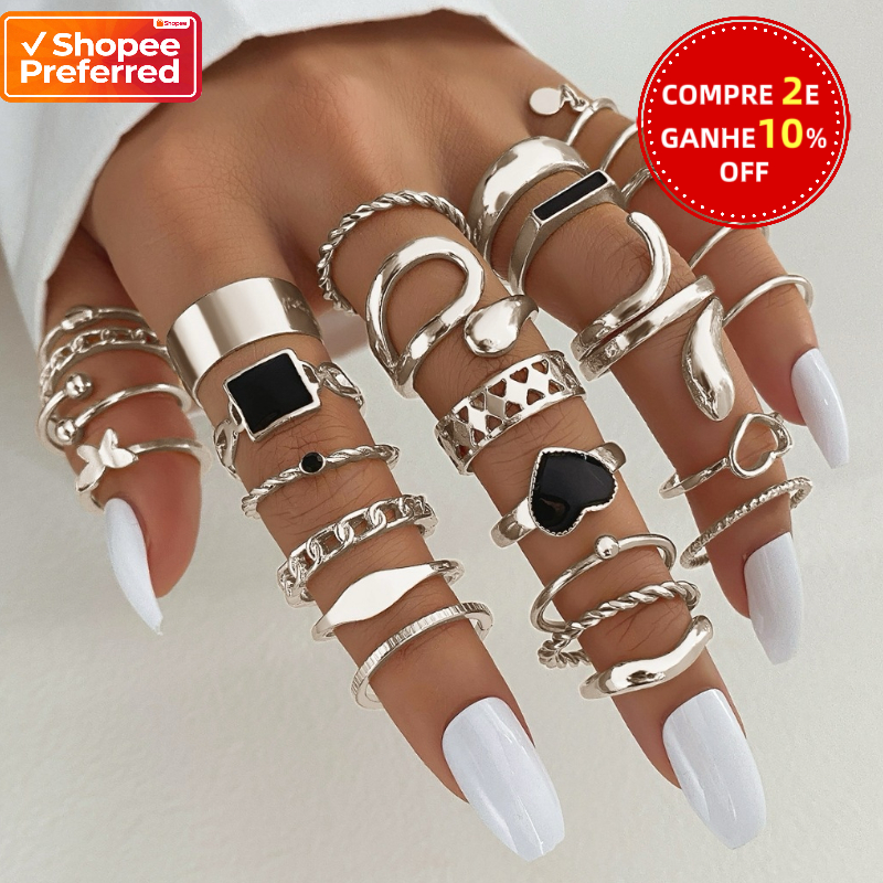 Conjunto 27 Anéis Minimalistas Prata Anti-Alérgico - Onda & Coração Geométrico Presente Feminino em Oferta na Shopee