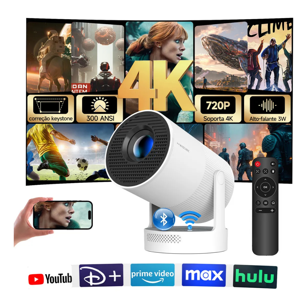 Projetor Magcubic HY300 Ultra Foco Elétrico 300 ANSI Brilho Suporte 4K WiFi 6 BT 5.4 Premium